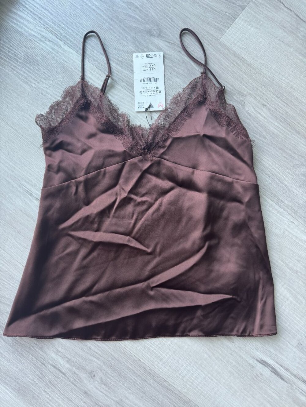 Satin Camisole with Lace Trim — Zara Chocolate Brown NWT XS - Picture 7 of 10